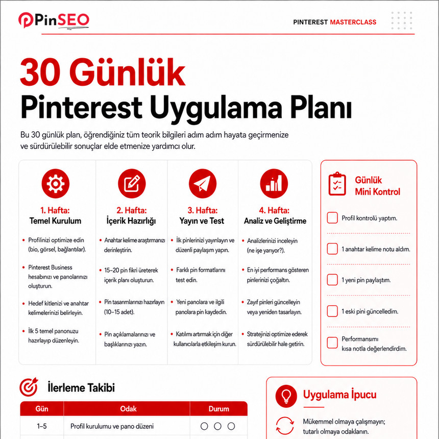 30 Günlük Pinterest Uygulama Planı sayfası